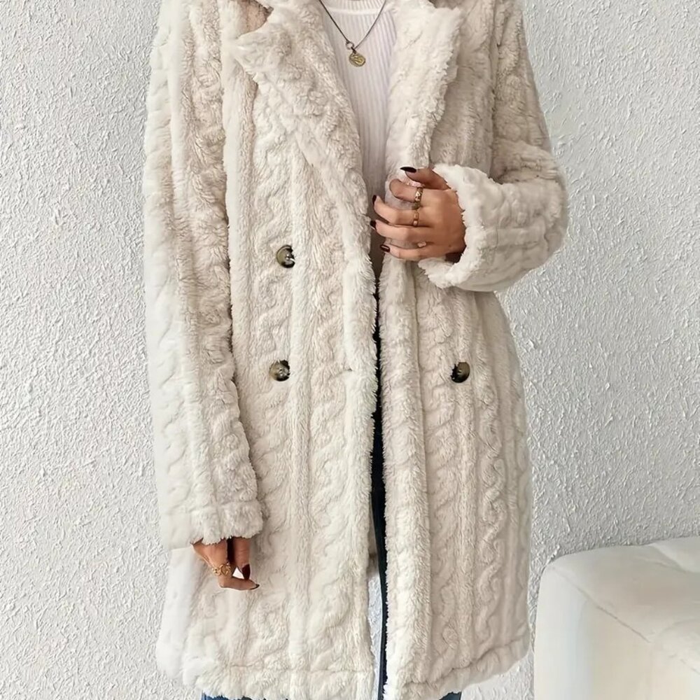 Double Breasted Lapel Teddy Coat, Versatile Long Sleeve Textured Thermal Winter